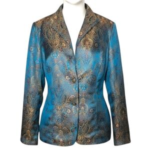 Coldwater Creek Blazer Medium Jacket Paisley Metallic Teal Gold Jacquard Boho